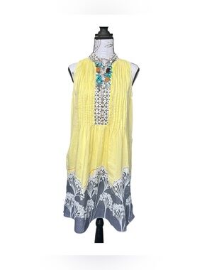 Ryu by Anthropologie Beaded Cotton Yellow Midi Dress size Medium